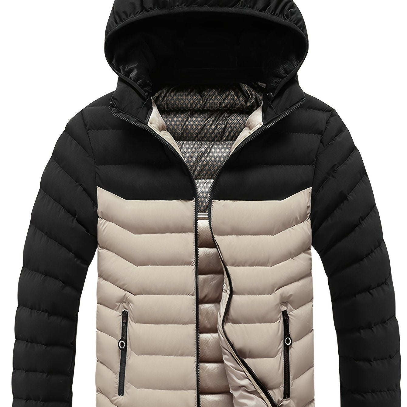 Men'S Winter Jacket with Detachable Hood - Black & Green Color Block, Zip-Up Casual Coat, Long Sleeve, Polyester Lining, Pockets, Regular Fit for Fall/Winter Outdoor Wear, Winter Coat, Fall Outerwear, Trendy Winter Jacket, Du