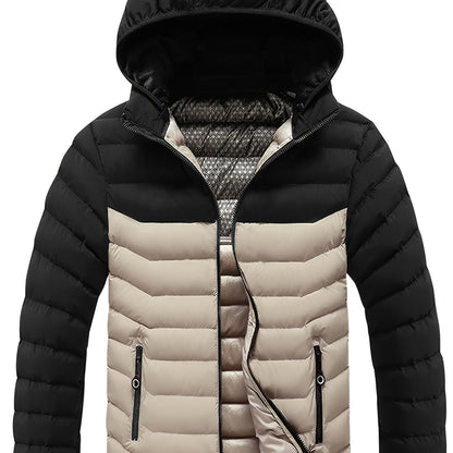 Men'S Winter Jacket with Detachable Hood - Black & Green Color Block, Zip-Up Casual Coat, Long Sleeve, Polyester Lining, Pockets, Regular Fit for Fall/Winter Outdoor Wear, Winter Coat, Fall Outerwear, Trendy Winter Jacket, Du