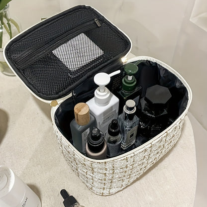 Elegant Plaid Cosmetic Bag - Large Capacity Travel Makeup Organizer with Dual Zippered Compartments, Portable Toiletry Storage in Light Blue/White/Pink/Red/Navy/Black, Polyester Material, Hand Wash or Dry Clean, Toiletry Trav