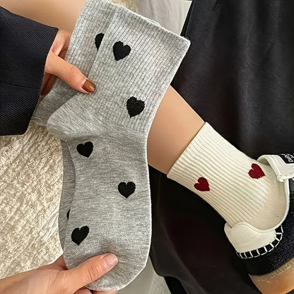 Women's 5 Pairs Mid-Calf Heart Pattern Socks, Soft Polyester