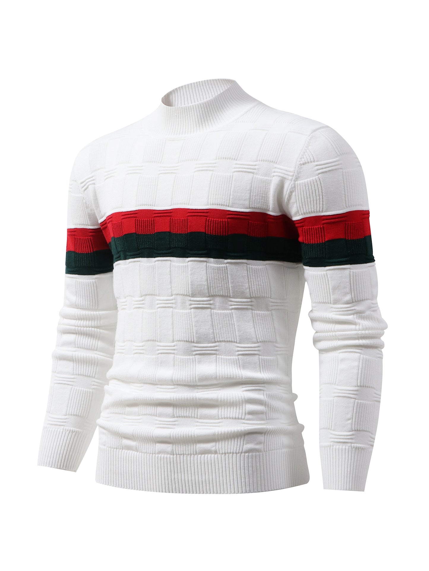 Temujin OBM Men's Fashion Mid-Neck Button Contrast Stripe Three-Dimensional Plaid Knit Top