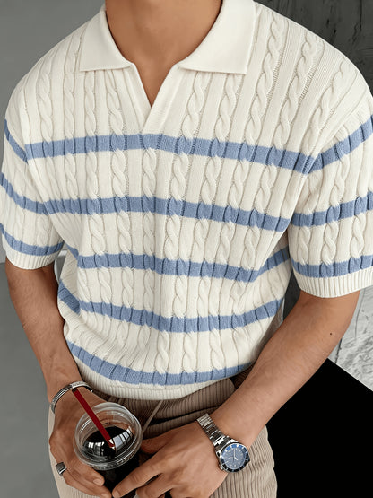 Men's Summer Polo Shirt Striped Knit Casual Short Sleeve