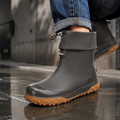 Men's Short PVC Rain Boots with Adjustable Drawstring & Tread Sole