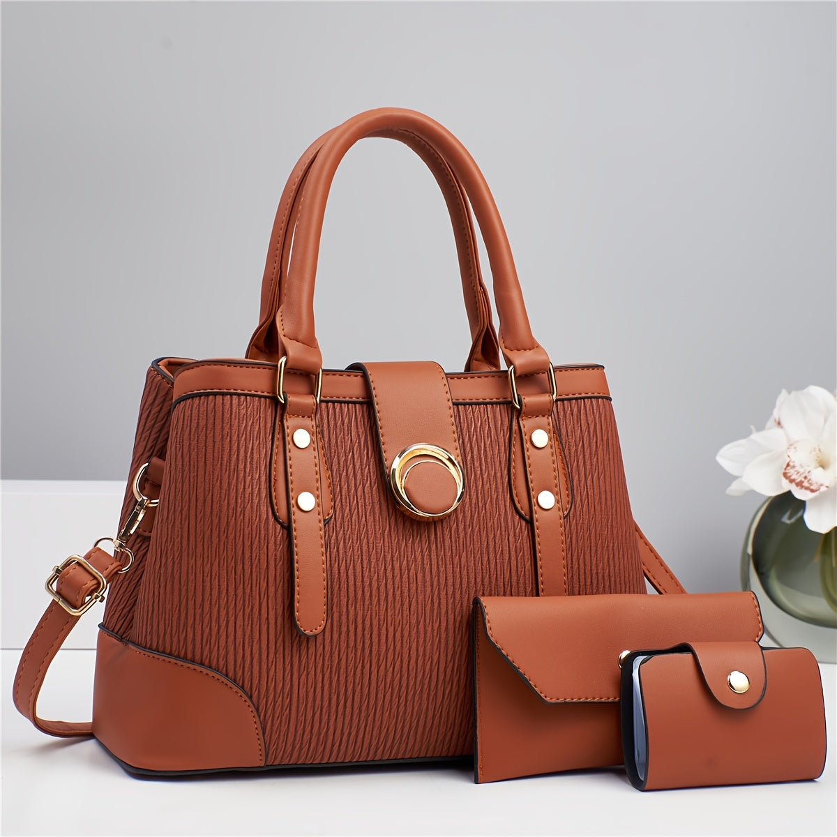 Women's 3-Piece Striped PU Handbag Set with Detachable Strap