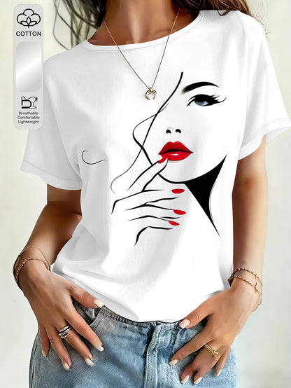 Loose Fit Black & White Portrait Tee with Red Lip Print