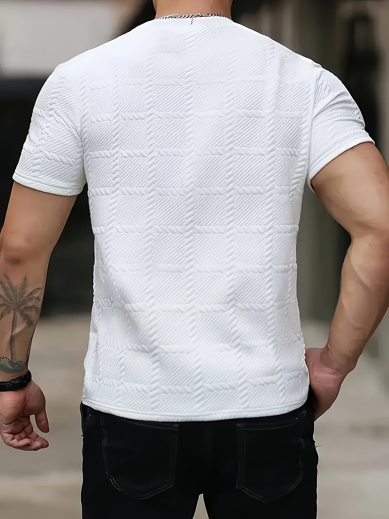 Men'S Casual Jacquard Knit Short-Sleeve T-Shirt - Featuring a Stylish Geometric Pattern, Round Neck, Comfortable for All Seasons, Perfect for Casual Wear - ayq