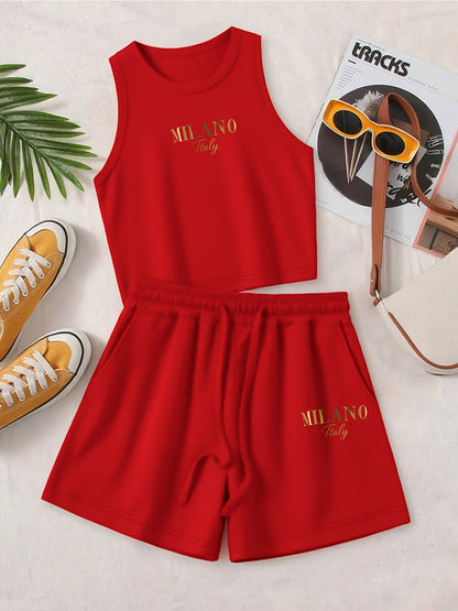 Casual Women's Two-Piece Suit with Graphic Print Vest & Shorts