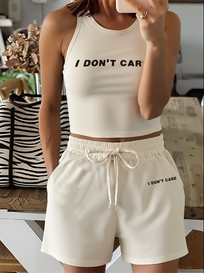 Women's Casual Vest and Shorts Set with Drawstring Pockets