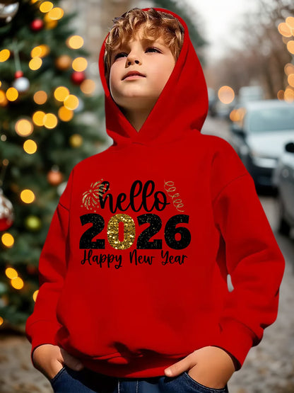 Boys' 2026 New Year Hooded Sweatshirt - Hello 2026 Happy New Year Lettering, Mint Green with Golden Accents, Loose Fit Long Sleeve Pullover for Boys