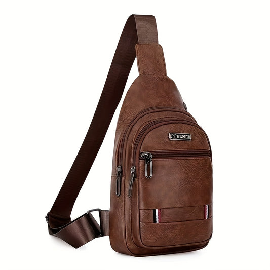 Men'S Vintage Faux Leather Chest Bag - Crossbody Sling Style, Multi-Layer Zippered Front, Brown with Red  White Stripes, Perfect for Casual Outings, Crossbody Bag, Secure Zipper Closure