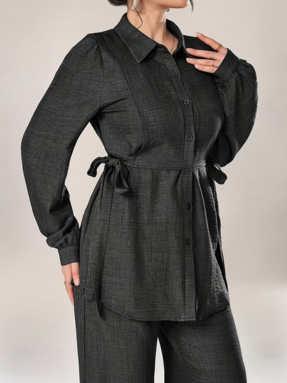 Women's Two-Piece Set with Front Buckle Long Sleeve Casual Top and Trousers