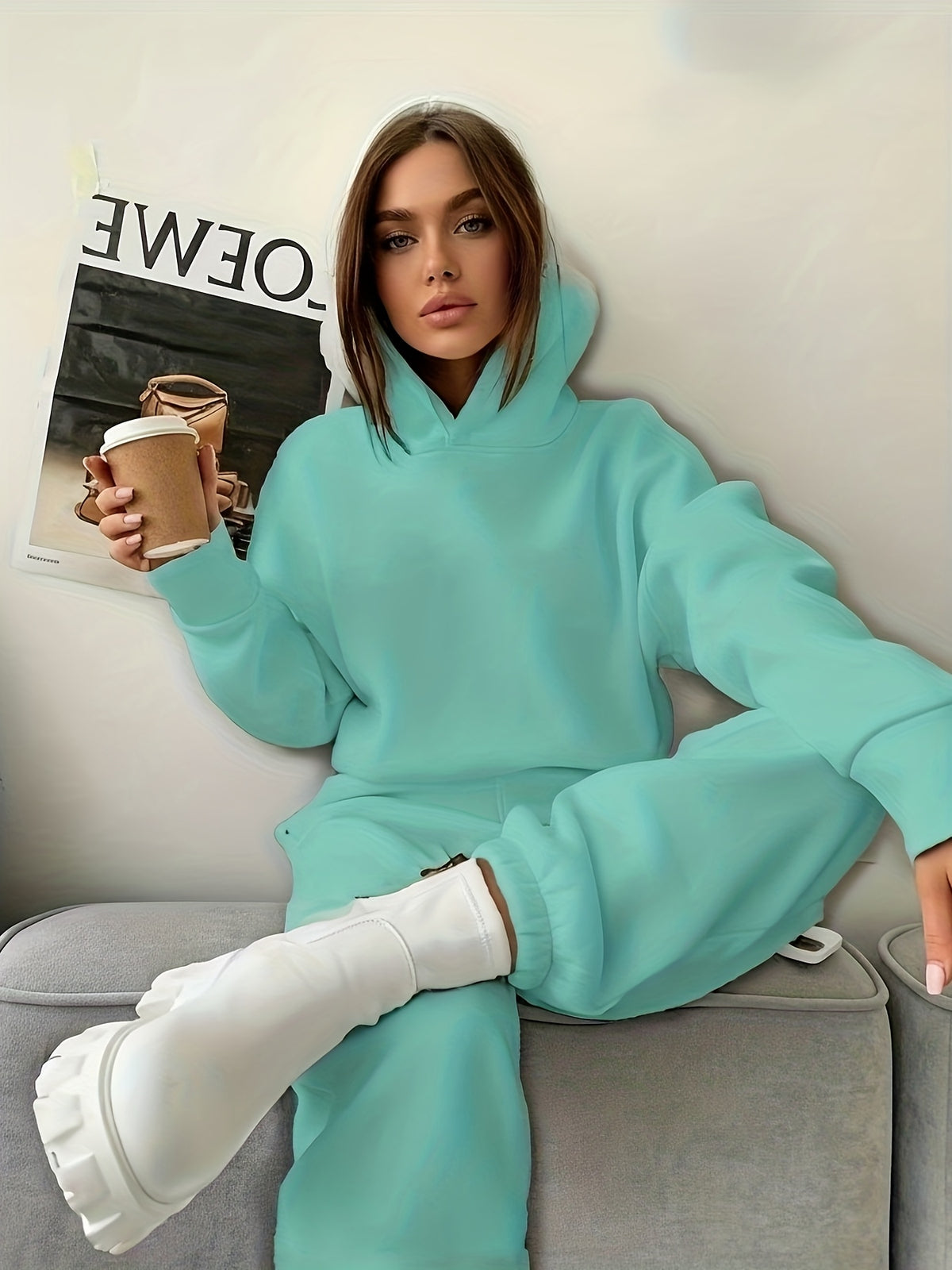 Women's Hooded Fleece-Lined Polyester Pant Set for Fall/Winter - ayq