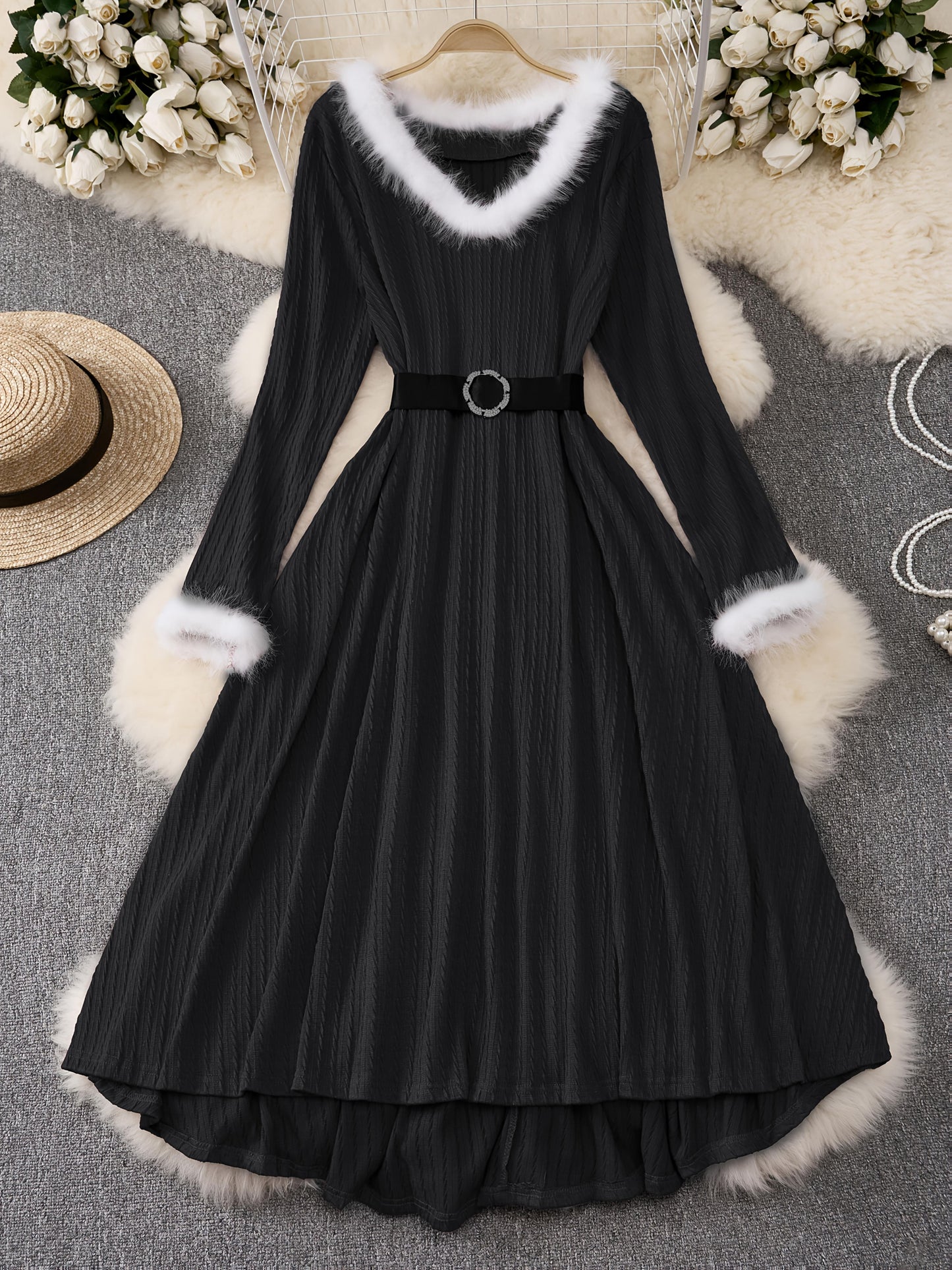 Plus Size - Plus Size, Women'S Elegant Formal Party Dress - Long Sleeve V-Neck with Adjustable Waist Belt, Flared Skirt - Elegant Evening Gown for Christmas, Galas, Weddings - Plus Size Friendly - Black Formal Attire, Formal