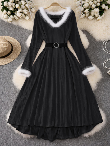 Plus Size - Plus Size, Women'S Elegant Formal Party Dress - Long Sleeve V-Neck with Adjustable Waist Belt, Flared Skirt - Elegant Evening Gown for Christmas, Galas, Weddings - Plus Size Friendly - Black Formal Attire, Formal