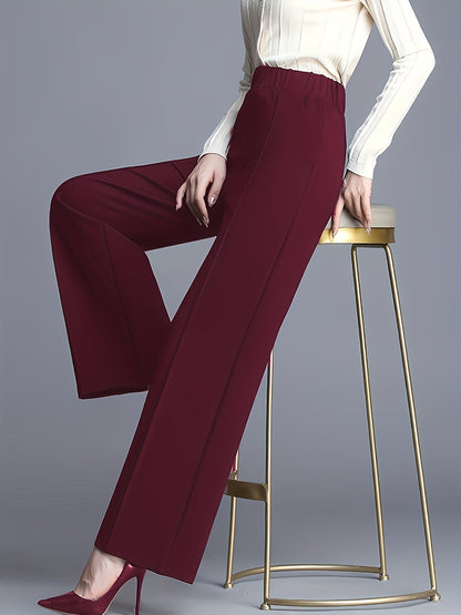 Elegant Maroon High-Waist Straight-Leg Pants for Women - Stretchy, Loose Fit with Slant Pockets, Ideal for Work & Daily Commute, Polyester Blend, All-Season Wear