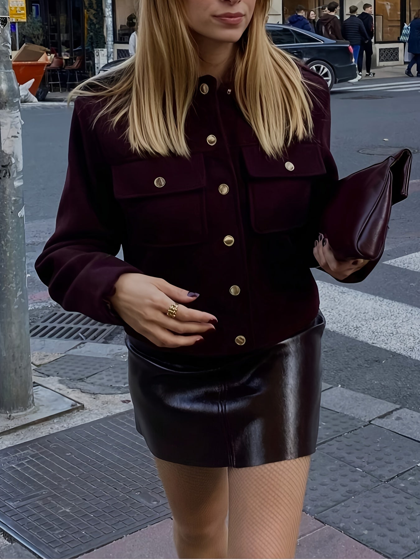 Կանացի բորդո կարմիր բաճկոն՝ ոսկեգույն կոճակներով փակմամբ - կառուցվածքային օձիք և կարված չափսի ամենօրյա վերարկու՝ աշնանային, գրասենյակային, կիսապաշտոնական միջոցառումների համար - լվացքի մեքենայով լվացվող վերնազգեստ (առանց ձգվելու)