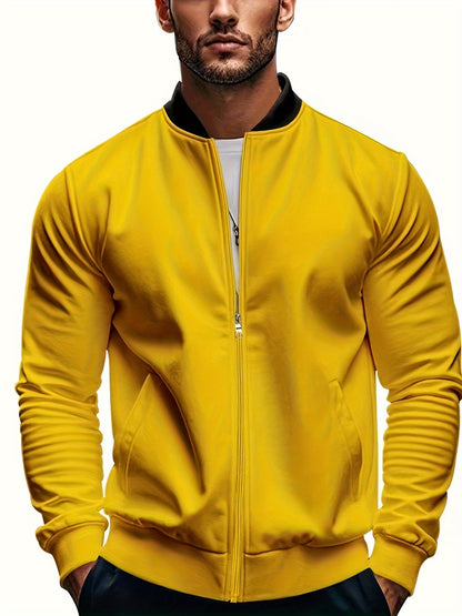 Men's Lightweight Stand Collar Jacket - Olive Green Softshell Zipper Jacket with Pockets, Regular Fit for Spring/Fall Hiking & Casual Outdoor Wear, Hiking Accessories