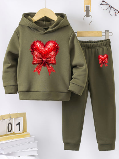 Girls' Autumn and Winter Thickened Hoodie Sports Two-Piece Set, Red Heart Bow Print Hoodie + Pants Outfit, Soft Light Beige-Friendly Fabric, Comfortable Warm Non-Shedding, Suitable for Outdoor Play, School, Holiday Gatherings