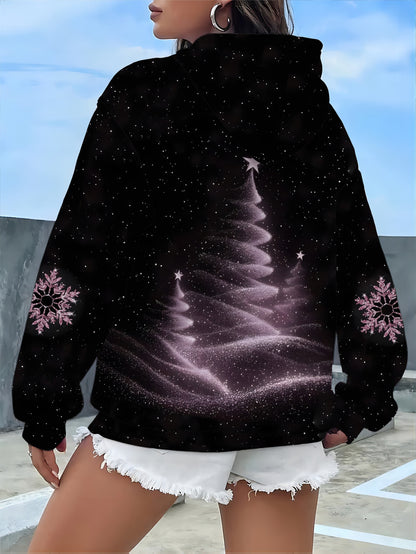 Women's Sparkling Glitter Christmas Tree & Snowflake Print Hooded Sweatshirt - Winter Snowflake Pattern Pullover Sweater with Drawstring Hood, 100% Polyester Machine Washable Cozy Casual Sweater for Xmas Parties & Cold Weathe