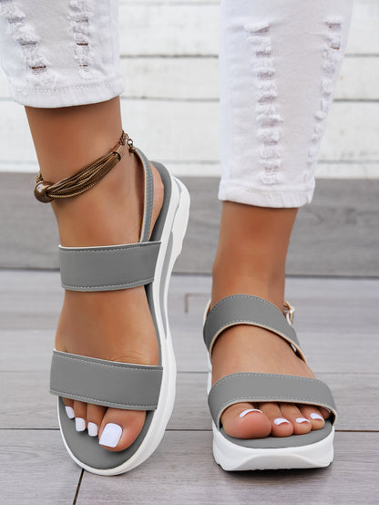 Mhysa Women's Comfortable Open-Toe Platform Sandals with Thick Sole & Golden Buckle Strap - Summer Casual White PU Cover Ankle Strap Sandals for Casual Attire, Ladies Sandals