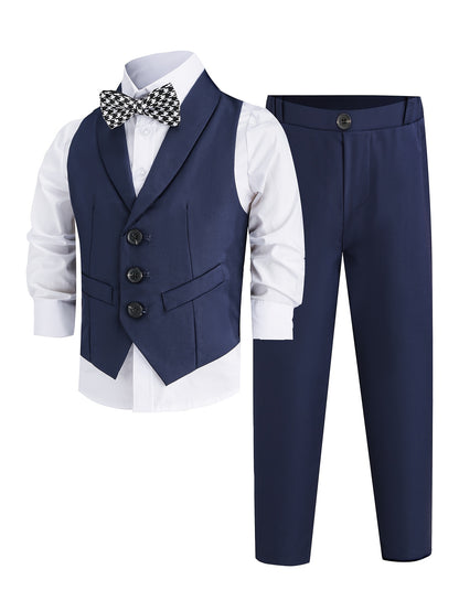 Boys' Korean Style Solid Color Vest Suit with Bow Tie