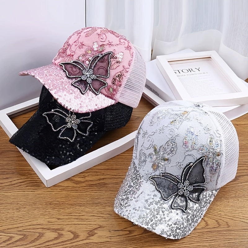 Women's Adjustable Breathable Baseball Cap with Sequin Butterfly