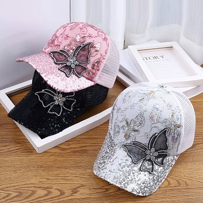 Women's Adjustable Breathable Baseball Cap with Sequin Butterfly