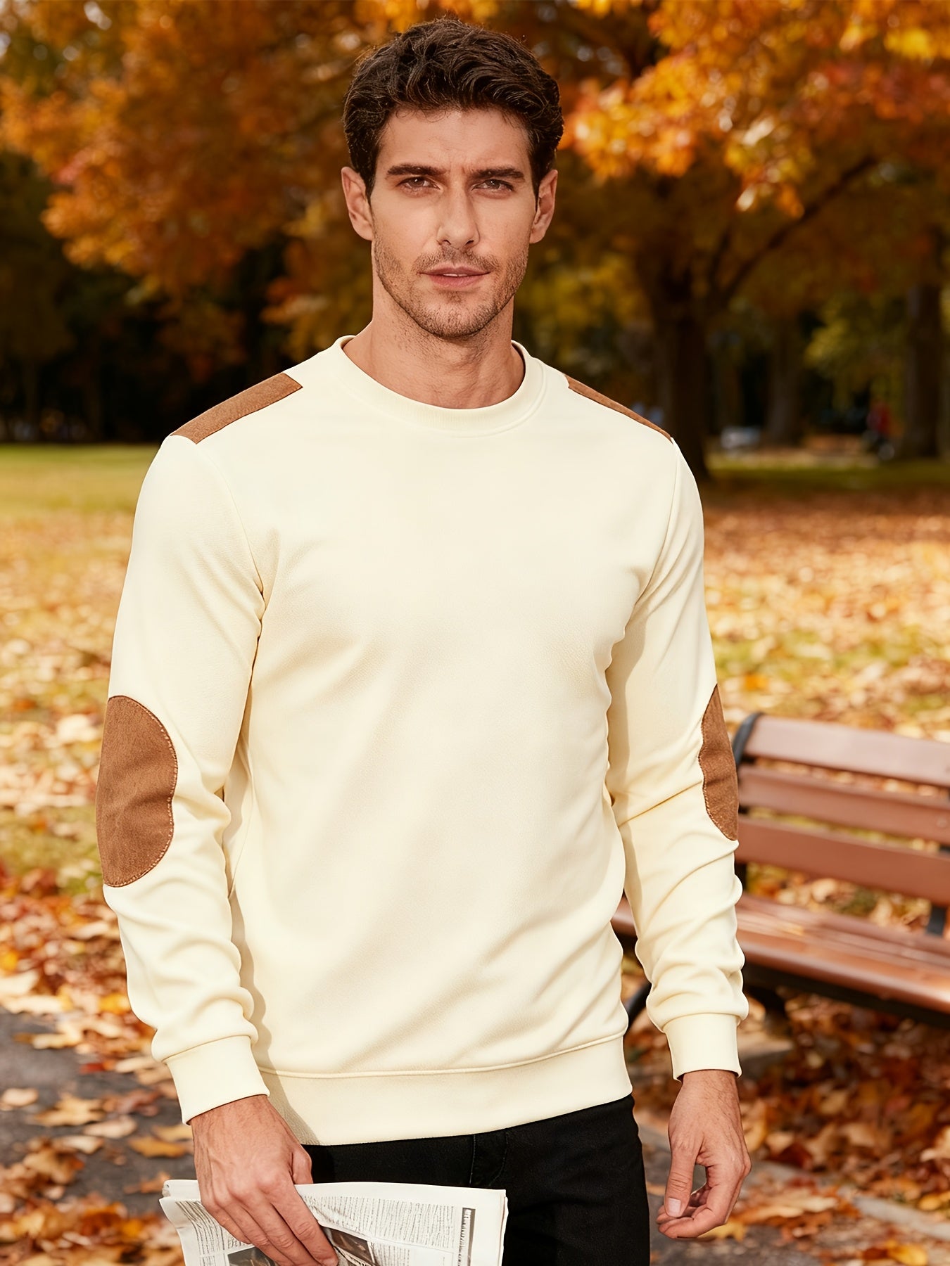Men'S Classic Fashion Crew Neck Long-Sleeved Top | Light and Comfortable Fabric with Contrast Beige Patches for Enhanced Durability, Regular Fit, Ideal for Daily Leisure, Street Fashion, Outdoor Activities, and Light Fitness