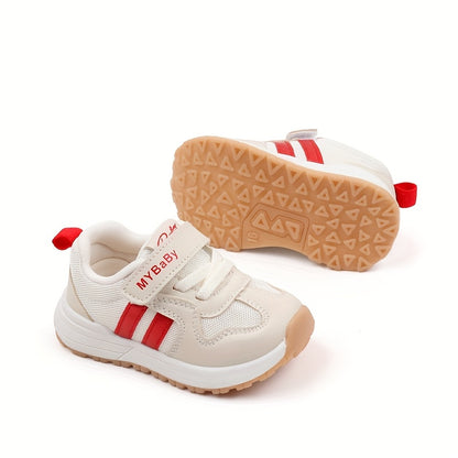 [1pc Unisex Toddler Sports Sneakers] Toddler Sports Sneakers, Unisex Preppy Casual Running Shoes, Striped Low Top Fabric & PU Upper, Breathable Mesh, Soft TPR Sole, with Adjustable Strap Closure, for Spring/Summer, All-Season