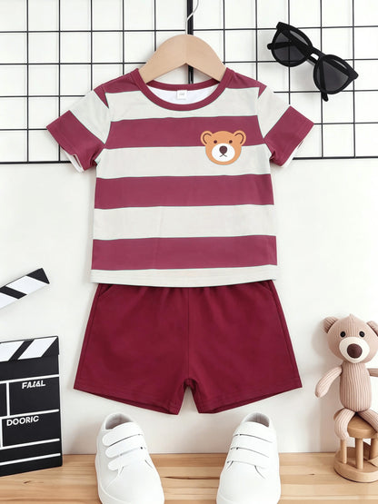 Boys Summer Casual Blue White Stripe Short Sleeve T-Shirt & Shorts Set