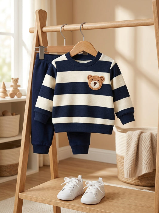 Baby Boy Fall Winter Striped Velvet Sweatshirt and Pants Set
