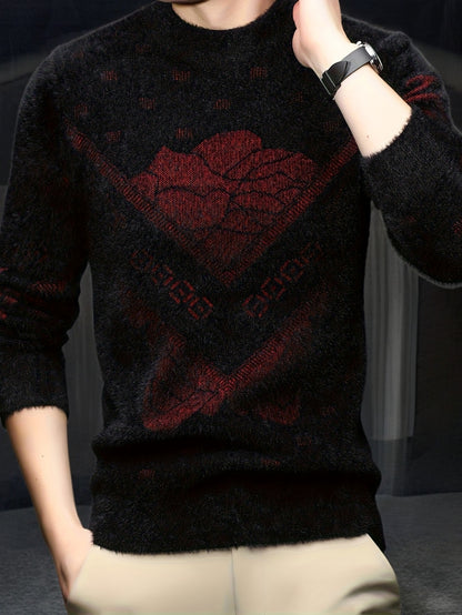 Men'S High-End Crew Neck Sweater | Fashionable Thick Warm Knitted Pullover with Floral Pattern and Hot Stamping for Fall/Winter