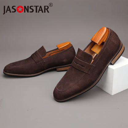 Men's Top Grain Suede Penny Loafers with Non-Slip Rubber Sole