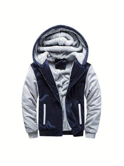 Color Block Sherpa Lined Men's Hooded Jacket, Casual Long Sleeve Hoodies With Zipper, Gym Sports Hooded Coat For Winter Fall