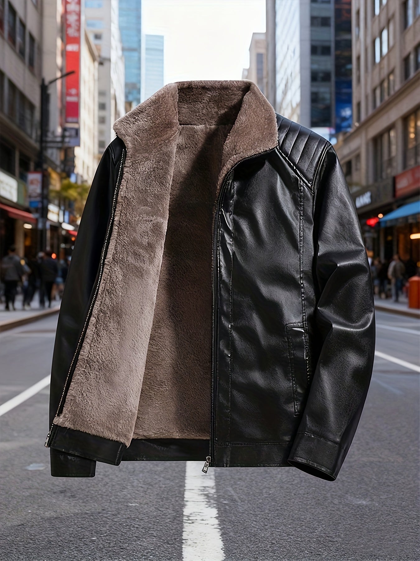 Men'S Faux Leather Jacket with Fleece Lining, a Warm Winter Coat Featuring a Stand Collar And Zip Closure, Stylish Casual Menswear, Available in Black/Brown Fashionable Motorcycle Jacket, Windproof And Warm, Perfect for Cold