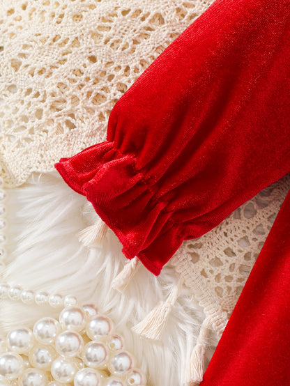 1 հատ կարմիր ժանյակավոր զգեստ՝ ծալքավոր օձիքով և ժապավենով մեջքով, երկար թևքերով ձմեռային երեկույթի զգեստ՝ Սուրբ Ծննդյան, Նոր տարվա, հարսանիքների համար, մեղմ, տաք հագուստ (կարճ բացվածքով, լվացքի մեքենայով լվացվող հագուստ)