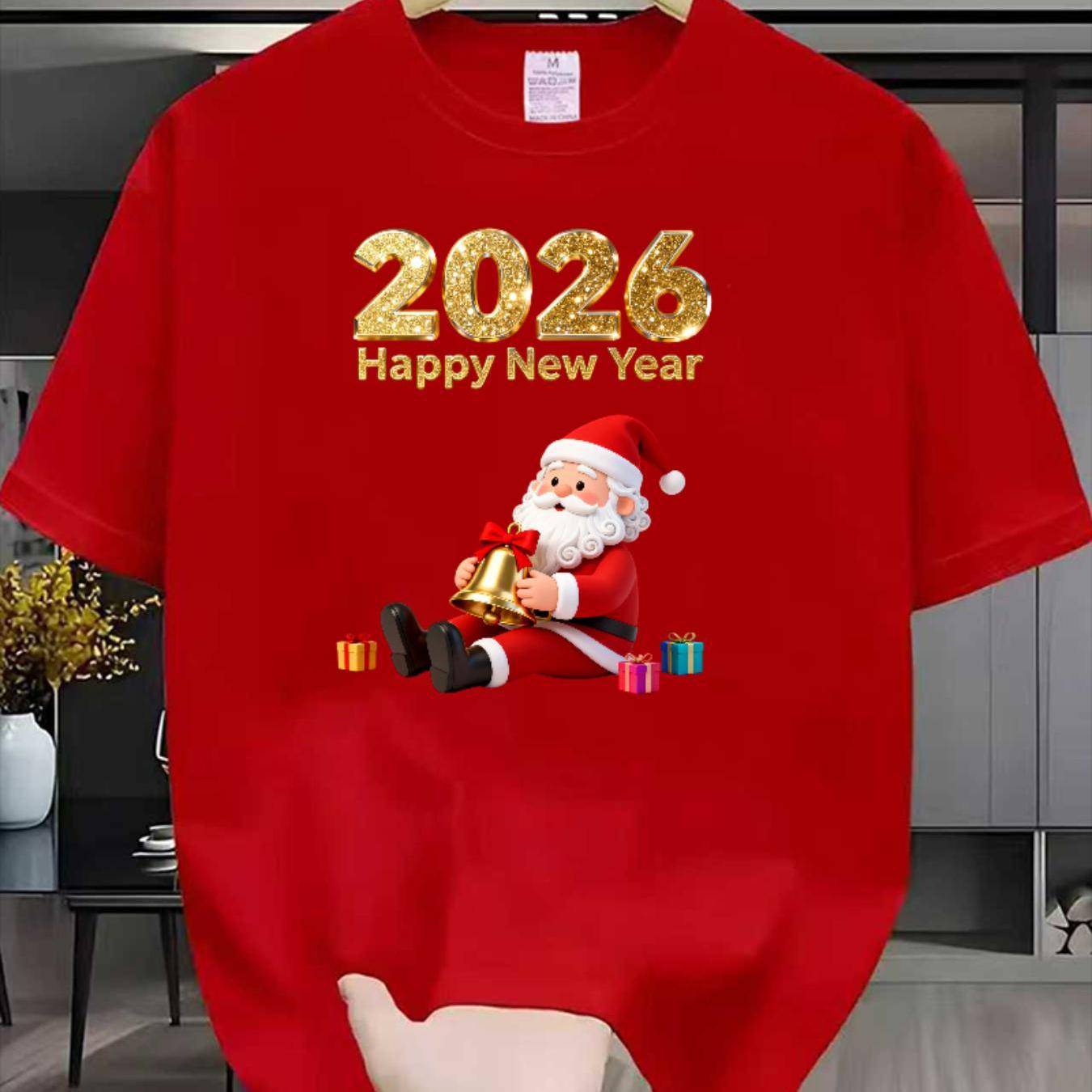 Men'S 2026 Happy New Year Santa Claus Graphic T-Shirt - Breathable Summer Casual Tee with Golden & Red Print, Regular Fit Round Neck Short Sleeve, Festive Clothing, Comfortable Fit, Holiday Shoppers