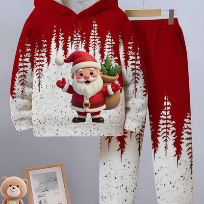 Boys' & Girls' 3D Hooded Sweatshirt & Pants Set - Santa Claus & Snowman Print, Loose Fit Long Sleeve Pullover with Pockets, Red & Winter Outfit for 4-14 Years, for Outdoor, Christmas, Halloween, Thanksgiving, New Year's, Wint