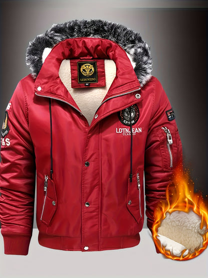 Տղամարդու ծանր ձմեռային բաճկոն՝ հանվող գլխարկով և եռաչափ գրությամբ - ամբողջական կայծակաճարմանդով, քամուց պաշտպանող վերարկու, բազմագրպան դիզայնով, լվացքի մեքենայով