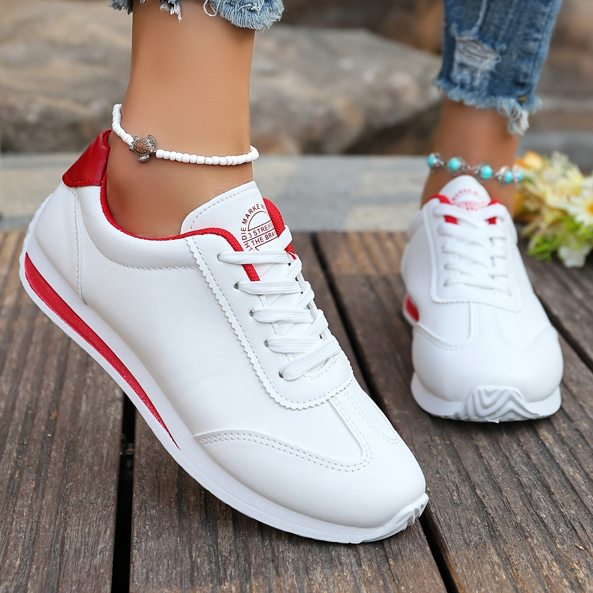 Women's Lightweight Casual Sneakers - White Synthetic Leather, All-Season Comfort, Stability Support, Breathable Fabric Lining, TPR Sole, Perfect for Casual Attire, Cute Shoes