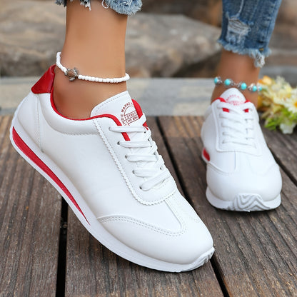 Women's Lightweight Casual Sneakers - White Synthetic Leather, All-Season Comfort, Stability Support, Breathable Fabric Lining, TPR Sole, Perfect for Casual Attire, Cute Shoes