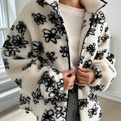 Կանացի հարմարավետ բրդյա երիզով ծաղկային նախշերով բաճկոն - առօրյա երկար թևքով կայծակաճարմանդով սև և սպիտակ ծաղկային նախշերով, փափուկ տաք վերնազգեստ աշուն/ձմեռ, հարմարավետ աշնանային հագուստ | Ծաղկային նախշերով բաճկոն | Կայծակաճարմանդով բաճկոն