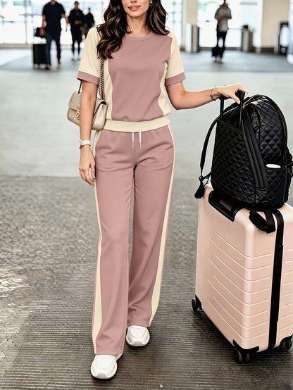 Women’s Casual Color Block Crew Neck Top & High-Waist Pants Set