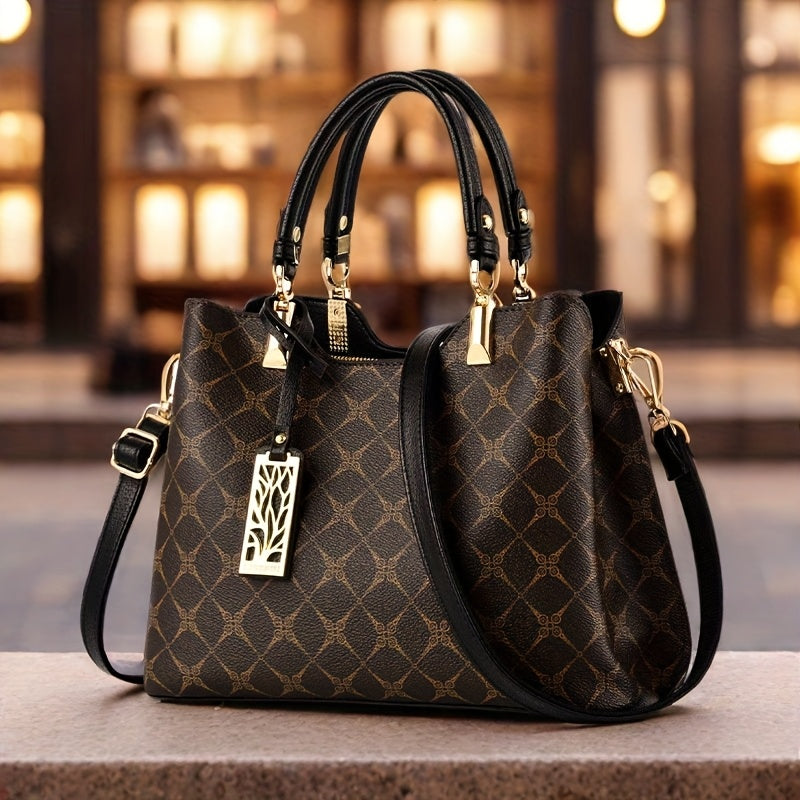 Women's Top-Grain Leather Handbag with Adjustable Strap - Geometric Pr