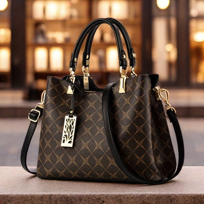 Women's Top-Grain Leather Handbag with Adjustable Strap - Geometric Pr