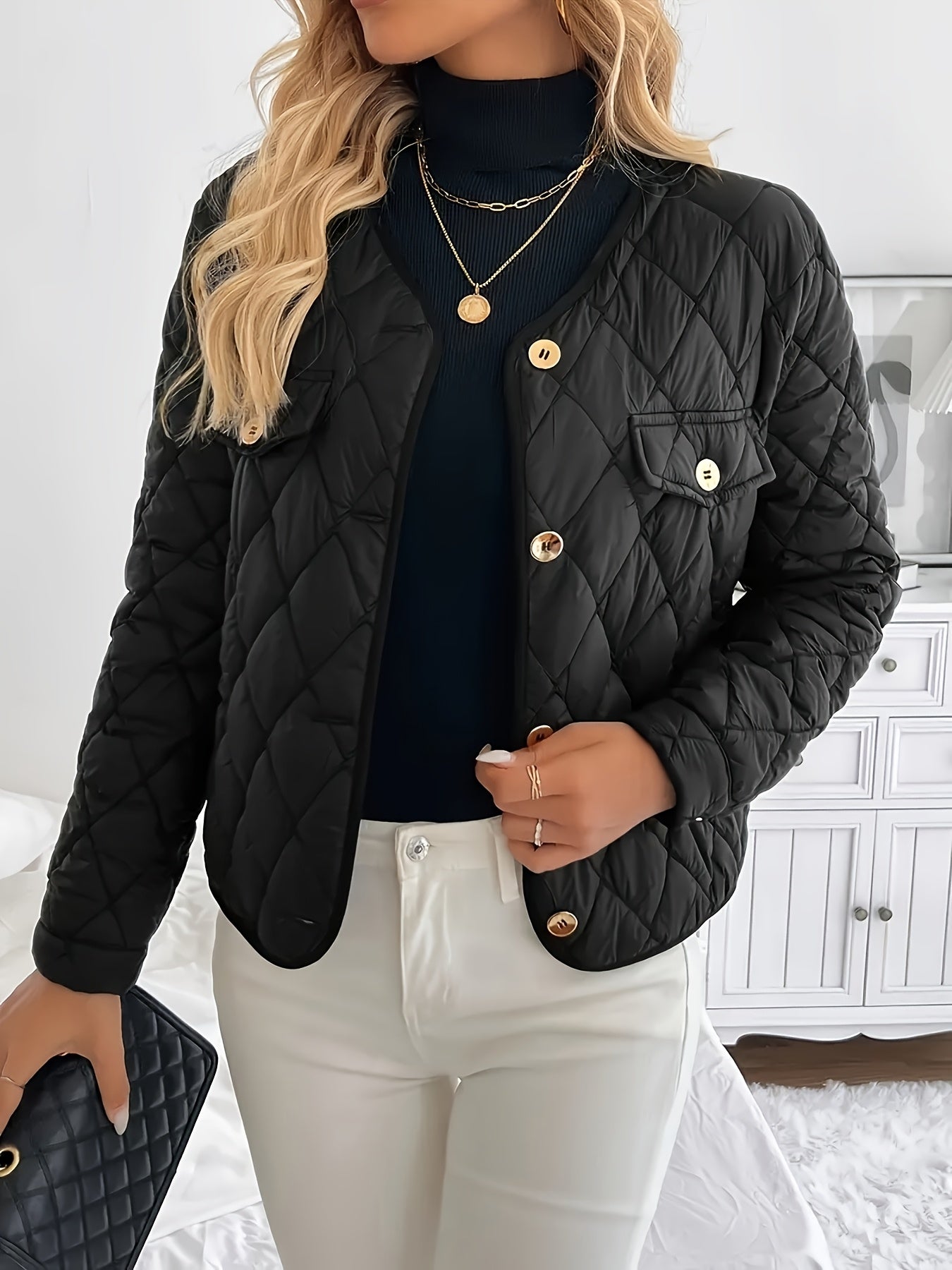 Women'S Quilted Jacket with Golden Buttons - Stylish White Long Sleeve Coat, Casual Fit, Faux Pockets, Perfect for Casual Attire, Casual Wear Jacket | Quilted Jacket | Buttoned Jacket