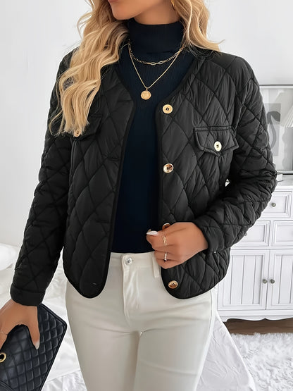 Women'S Quilted Jacket with Golden Buttons - Stylish White Long Sleeve Coat, Casual Fit, Faux Pockets, Perfect for Casual Attire, Casual Wear Jacket | Quilted Jacket | Buttoned Jacket