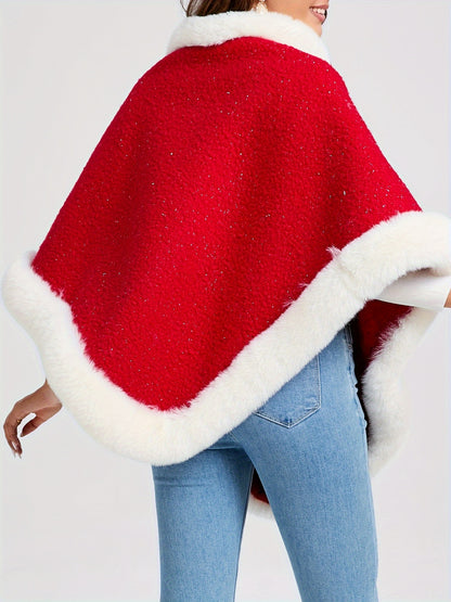 1pc Women's Elegant Red & White Faux-Fur Collar Winter Coat - Thickened Warm Jacket with Round Neck, Loose Fit Blazer for Christmas, New Year, Parties & Daily Wear - 100% Polyester (Hand Wash/Dry Clean) - Coat of Many Colors,