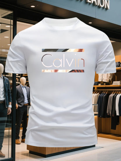Men'S Bright Pink CALVI Graphic T-Shirt - Soft Breathable 100% Cotton Crewneck Tee, Everyday Casual Shirt for Office, Outings  Gym - Minimalist Modern Top, Comfortable Clothing, Stylish Letter Print, Durable Fabric, Short Sl