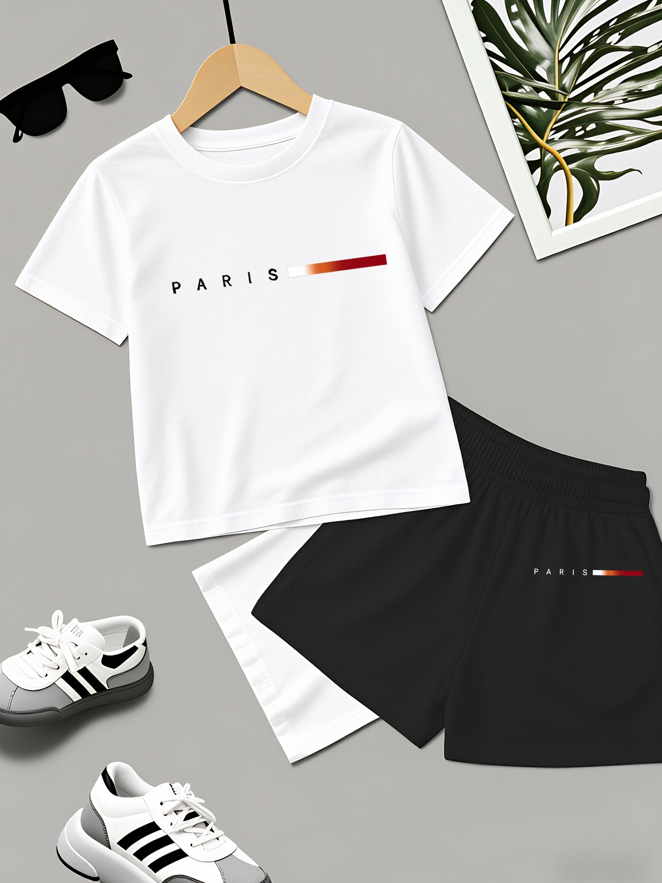 Boys' Summer Casual Striped T-Shirt & Shorts Set, Lightweight Polyeste